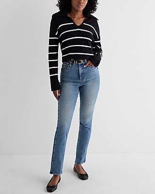 Relaxed Striped V-Neck Polo Sweater