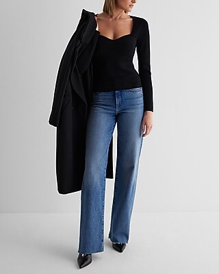 Ribbed Sweetheart Neckline Long Sleeve Sweater