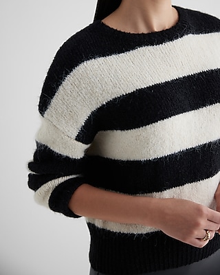Striped Fuzzy Knit Crew Neck Sweater