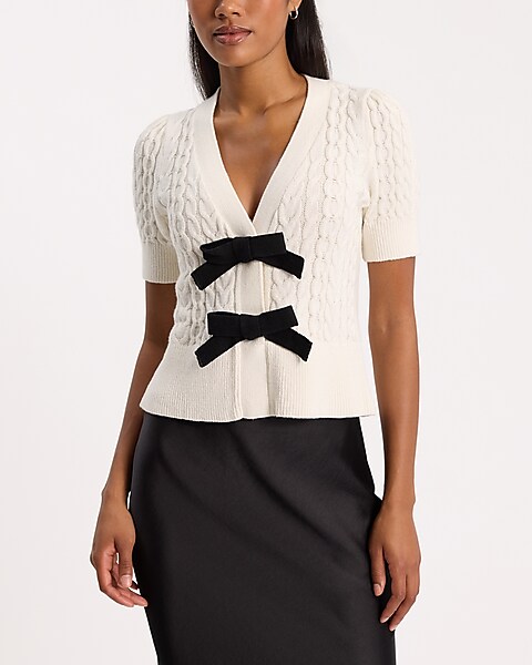 Cable Knit Double Bow Short Sleeve Cardigan | Express Cable Knit Double Bow Short Sleeve Cardigan | Express