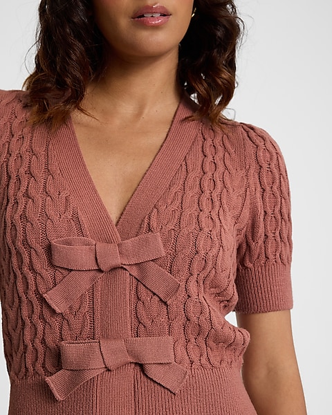 Cable Knit Double Bow Short Sleeve Cardigan | Express Cable Knit Double Bow Short Sleeve Cardigan | Express