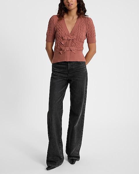 Cable Knit Double Bow Short Sleeve Cardigan | Express Cable Knit Double Bow Short Sleeve Cardigan | Express