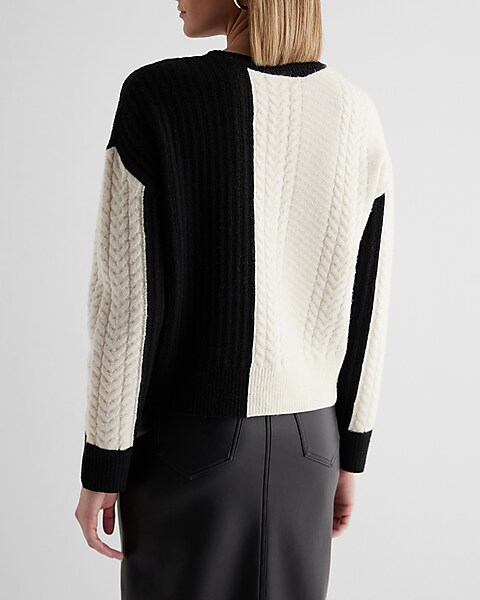Cable Knit Ribbed Color Block Crew Neck Sweater