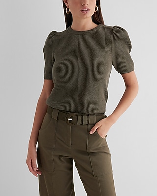 Ribbed Crew Neck Puff Sleeve Sweater