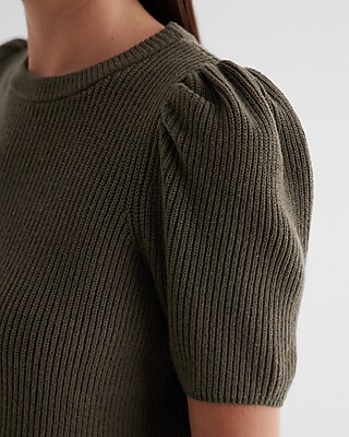 Ribbed Crew Neck Puff Sleeve Sweater