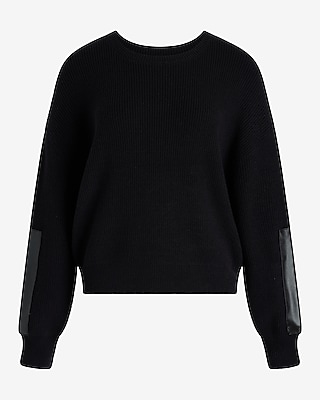 Relaxed Crew Neck Faux Leather Patch Sweater