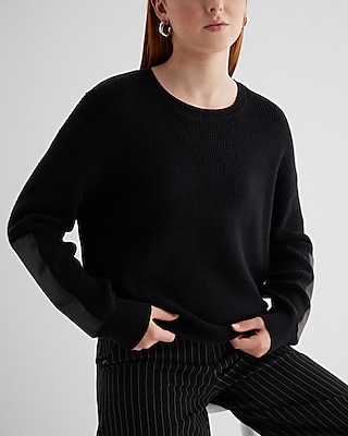 Relaxed Crew Neck Faux Leather Patch Sweater Neutral Women's