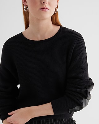 Relaxed Crew Neck Faux Leather Patch Sweater