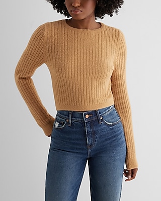 Fitted Ribbed Plush Knit Crew Neck Sweater