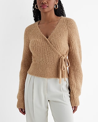 Fuzzy Ribbed Surplice Tie Sweater | Express