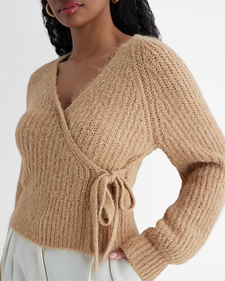 Fuzzy Ribbed Surplice Tie Sweater