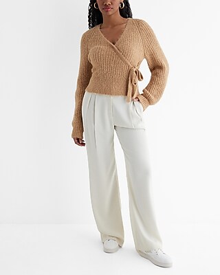 Fuzzy Ribbed Surplice Tie Sweater