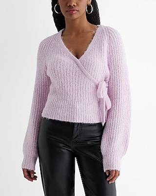 Fuzzy Ribbed Surplice Tie Sweater