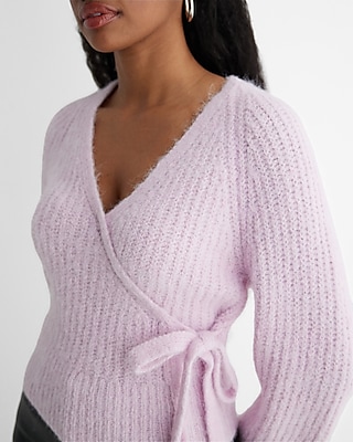 Fuzzy Ribbed Surplice Tie Sweater