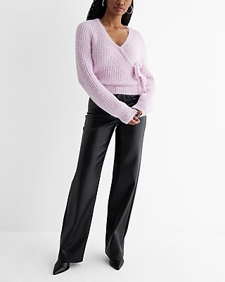 Fuzzy Ribbed Surplice Tie Sweater