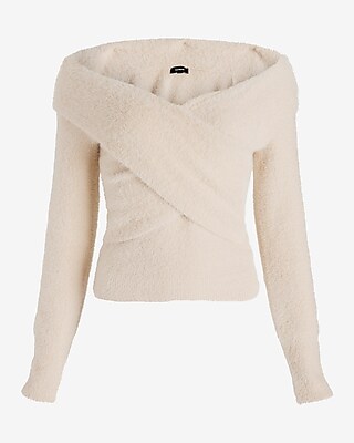 Faux Fur Off The Shoulder Surplice Sweater | Express