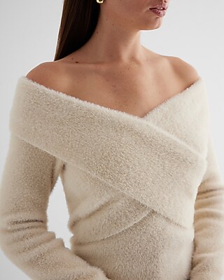 Faux Fur Off The Shoulder Surplice Sweater | Express