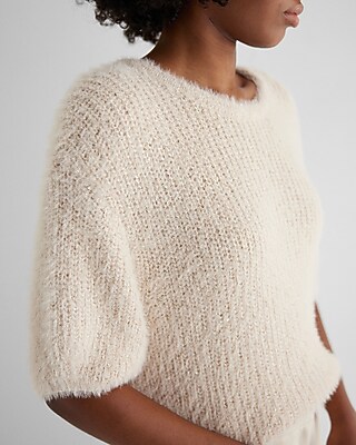 Faux Fur Sequin Crew Neck Short Puff Sleeve Sweater