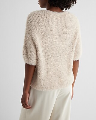 Faux Fur Sequin Crew Neck Short Puff Sleeve Sweater