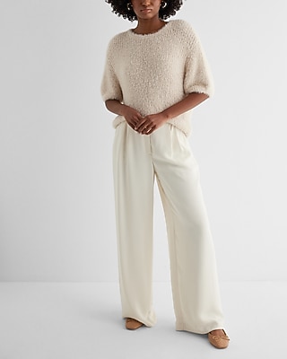 Faux Fur Sequin Crew Neck Short Puff Sleeve Sweater