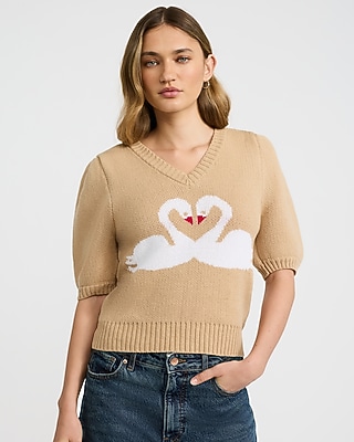 Heart Swan V-neck Puff Sleeve Sweater | Express
