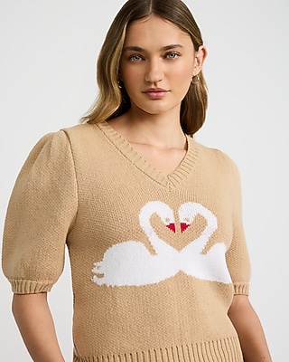 Heart Swan V-Neck Puff Sleeve Sweater - image 2