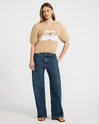 Heart Swan V-Neck Puff Sleeve Sweater - image 4