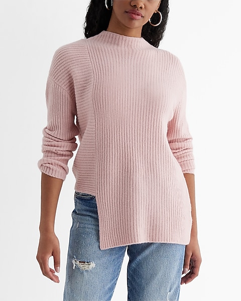Ribbed Mock Neck Asymmetrical Hem Sweater | Express