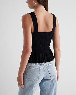 Square Neck Pleated Peplum Sweater Tank
