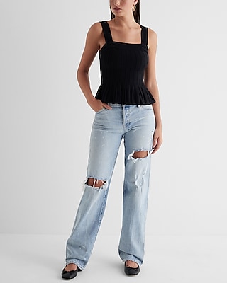 Square Neck Pleated Peplum Sweater Tank