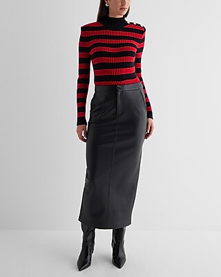 Striped Mock Neck Padded Shoulder Novelty Button Sweater