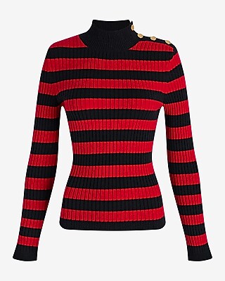 Striped Mock Neck Padded Shoulder Novelty Button Sweater