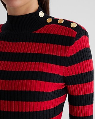 Striped Mock Neck Padded Shoulder Novelty Button Sweater