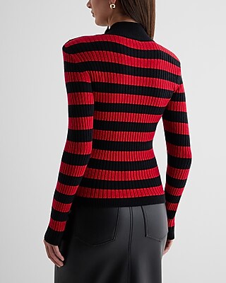 Striped Mock Neck Padded Shoulder Novelty Button Sweater