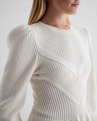 Ribbed Crew Neck Puff Sleeve Peplum Sweater | Express