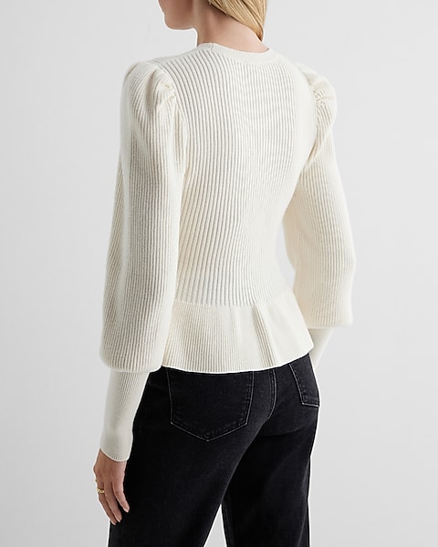 Ribbed Crew Neck Puff Sleeve Peplum Sweater | Express Ribbed Crew Neck Puff Sleeve Peplum Sweater | Express