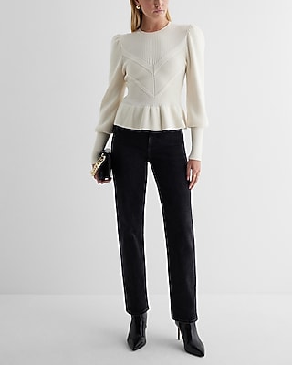 Ribbed Crew Neck Puff Sleeve Peplum Sweater