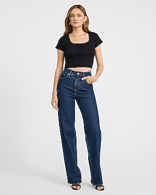Ribbed Scoop Neck Bow Front Lace Trim Tee