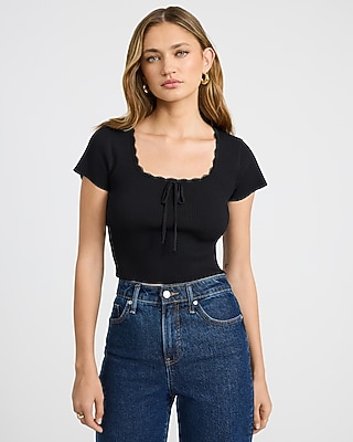 Ribbed Scoop Neck Bow Front Lace Trim Tee