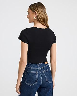 Ribbed Scoop Neck Bow Front Lace Trim Tee