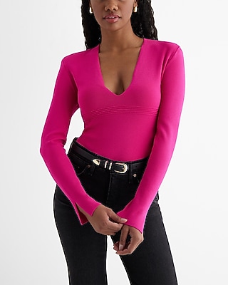 Padded Shoulder Deep V-Neck Sweater Bodysuit