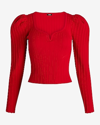 Ribbed Sweetheart Neckline Puff Sleeve Sweater