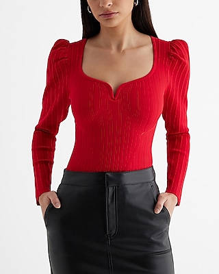 Ribbed Sweetheart Neckline Puff Sleeve Sweater