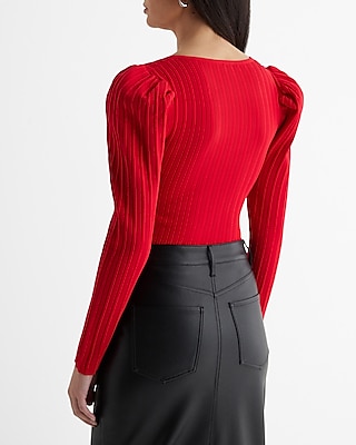 Ribbed Sweetheart Neckline Puff Sleeve Sweater