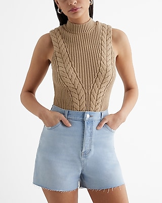 Cable Knit Mock Neck Sweater Tank White Women