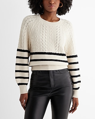 Striped Cable Knit Crew Neck Sweater