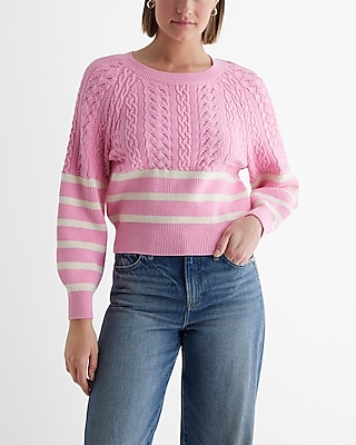 Striped Cable Knit Crew Neck Sweater Green Women's