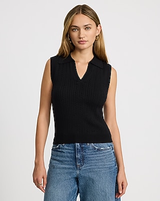 Cable Knit V-Neck Sleeveless Sweater Polo