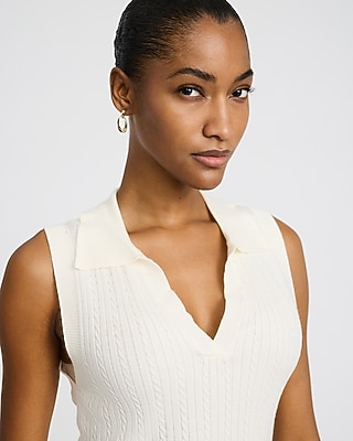 Cable Knit V-Neck Sleeveless Sweater Polo