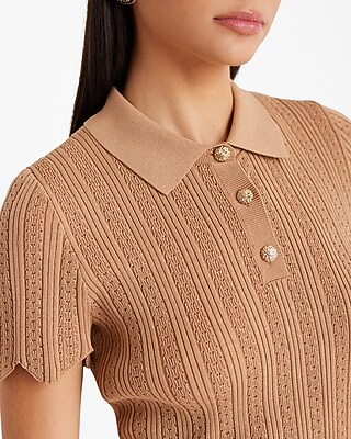 Ribbed Scalloped Novelty Button Short Sleeve Polo Sweater | Express